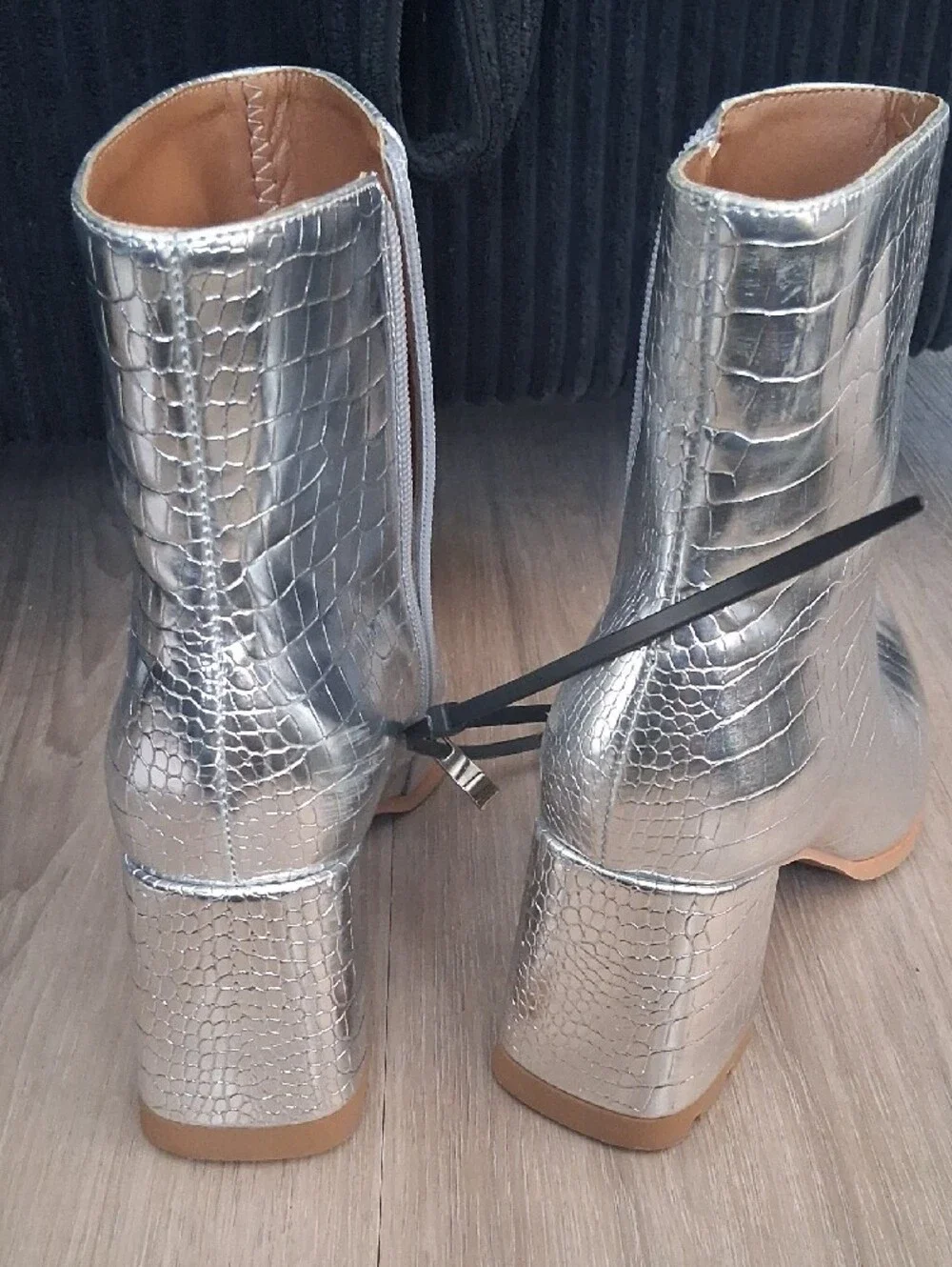 Croc-Embossed Silver Pointed Ankle Boots